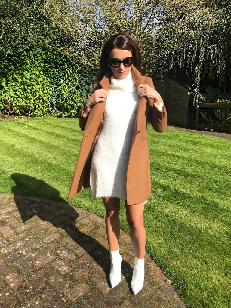 Warehouse Double Breasted Tailored Coat QED London Oversized Roll Neck Jumper Dress |Public Desire Harlee White Pointed Ankle Boots | Radley Bag | Swarovski hoop earrings | Prada Baroque Earrings