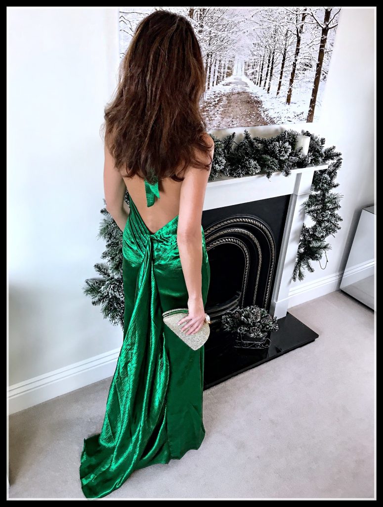 Elegant Duchess Fashion Blog - ASOS Jarlo High Neck Fishtail Maxi Dress With Open Back Detail, rose gold Office Tubular Strap Sandal. Christmas Party Dresses