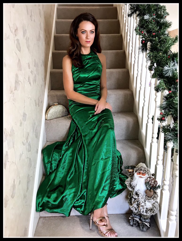 Elegant Duchess Fashion Blog - ASOS Jarlo High Neck Fishtail Maxi Dress With Open Back Detail, rose gold Office Tubular Strap Sandal. Christmas Party Dresses