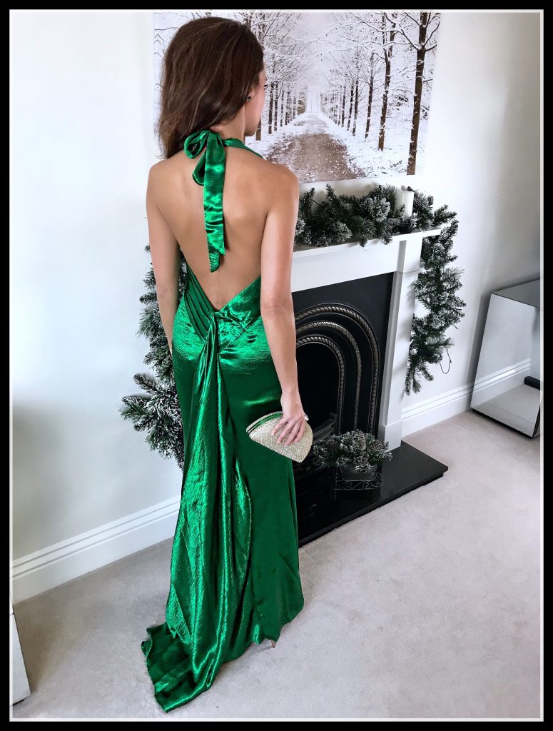 Elegant Duchess Fashion Blog - ASOS Jarlo High Neck Fishtail Maxi Dress With Open Back Detail, rose gold Office Tubular Strap Sandal. Christmas Party Dresses