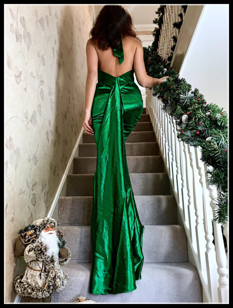 Elegant Duchess Fashion Blog - ASOS Jarlo High Neck Fishtail Maxi Dress With Open Back Detail, rose gold Office Tubular Strap Sandal. Christmas Party Dresses