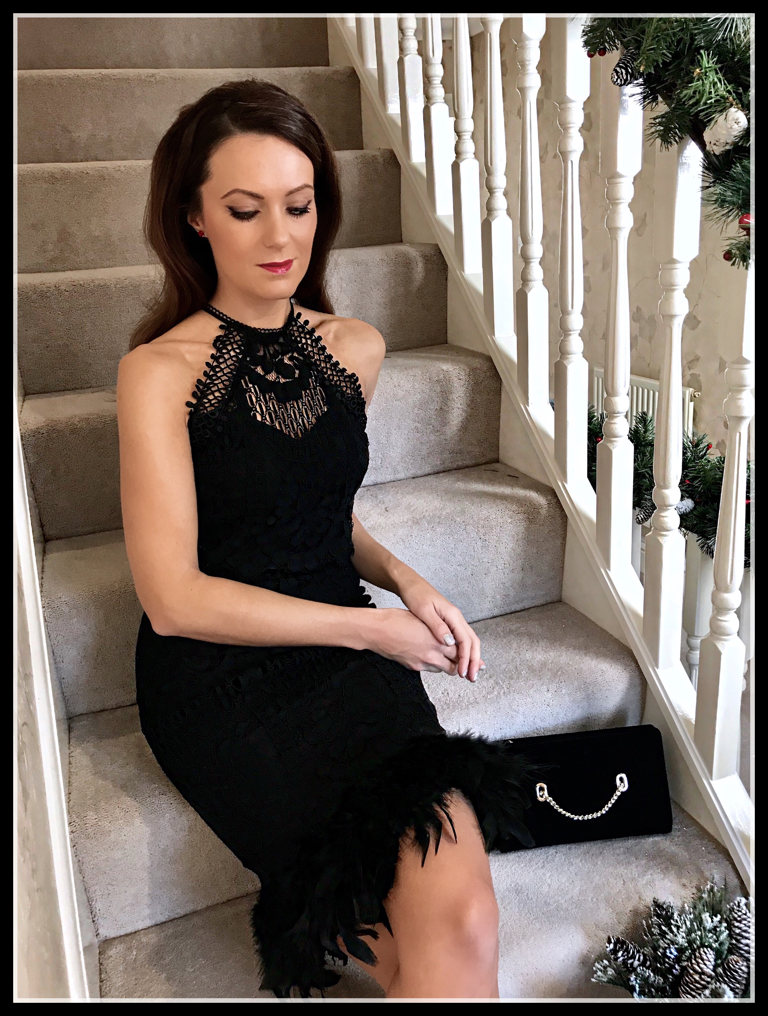 NYE inspiration | Lipsy VIP Feather Hem Lace Midi Dress | Public Desire Mayfair Pearl Detail Courts Heels | Coast Nadine Velvet Eyelet Bag