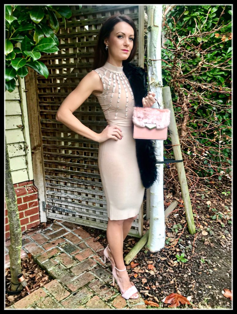 Stephanie Pratt - Sleeveless Studded Bodycon Dress – Champagne | Striped faux fur scarf | Office Faux Fur Trim Sandals | Aldo Faux Fur Top Handle Bag