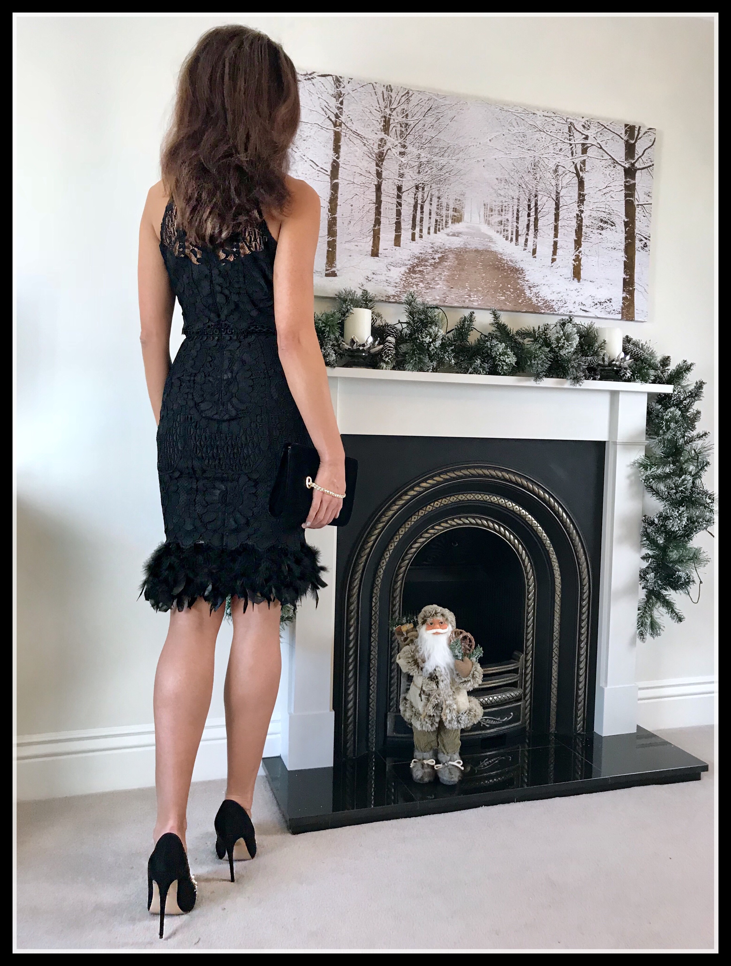 NYE inspiration | Lipsy VIP Feather Hem Lace Midi Dress | Public Desire Mayfair Pearl Detail Courts Heels | Coast Nadine Velvet Eyelet Bag