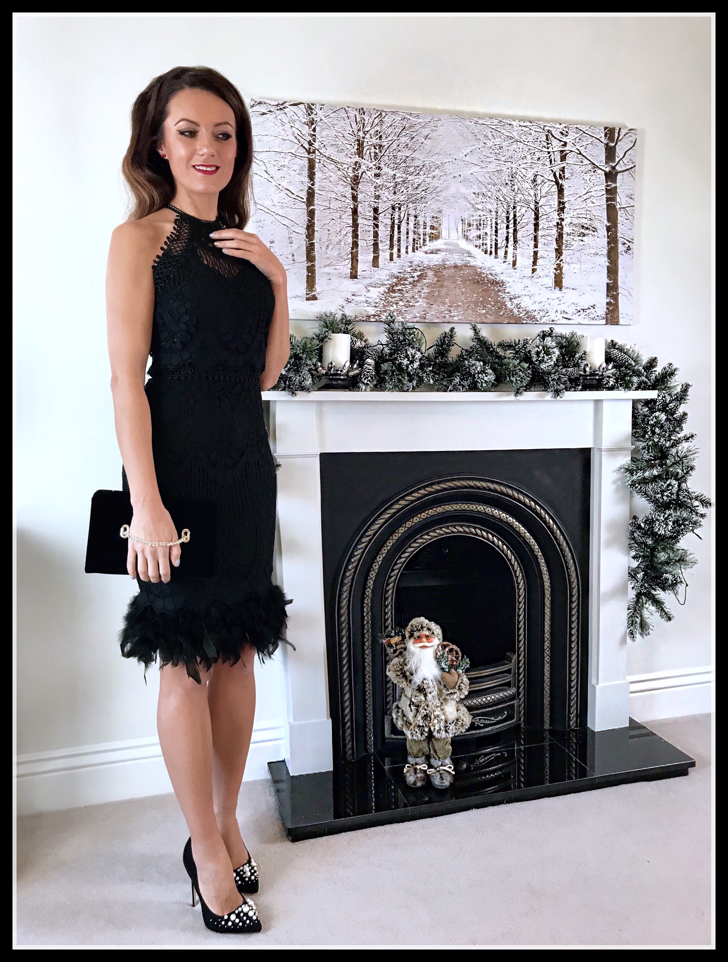 NYE inspiration | Lipsy VIP Feather Hem Lace Midi Dress | Public Desire Mayfair Pearl Detail Courts Heels | Coast Nadine Velvet Eyelet Bag