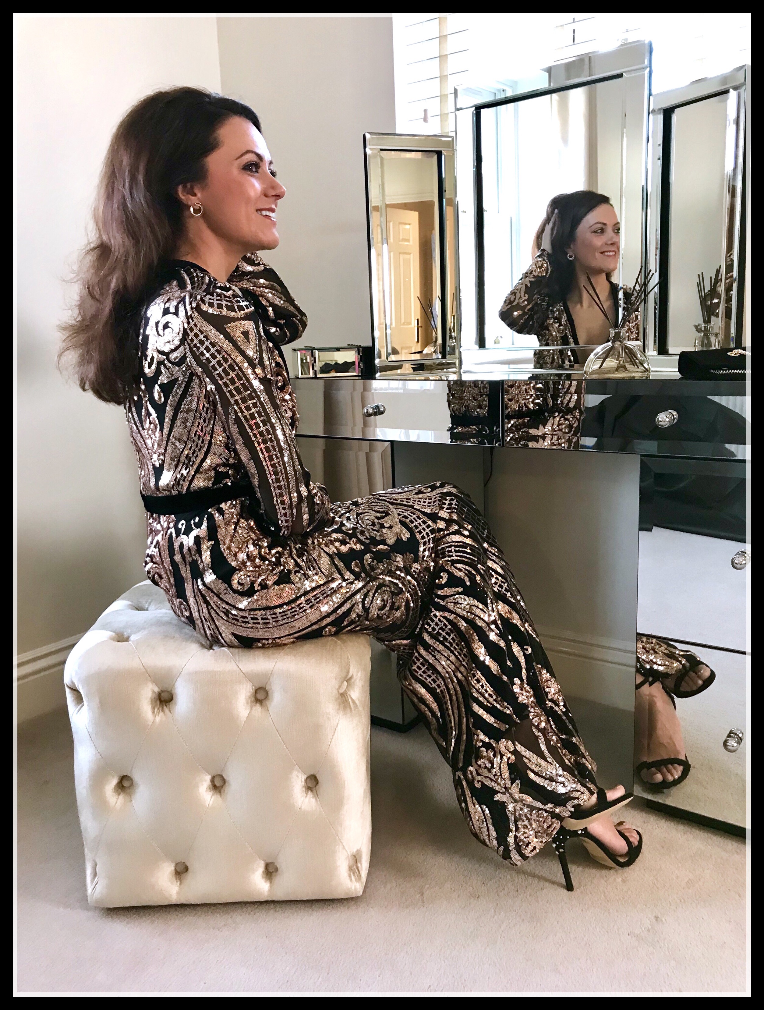 Stephanie Pratt – Deep V Neck Sequin Embroidered Maxi Dress – Champagne | Office Crystal Back Sandals | Coast Nadine Velvet Eyelet Bag | Swarovski earrings