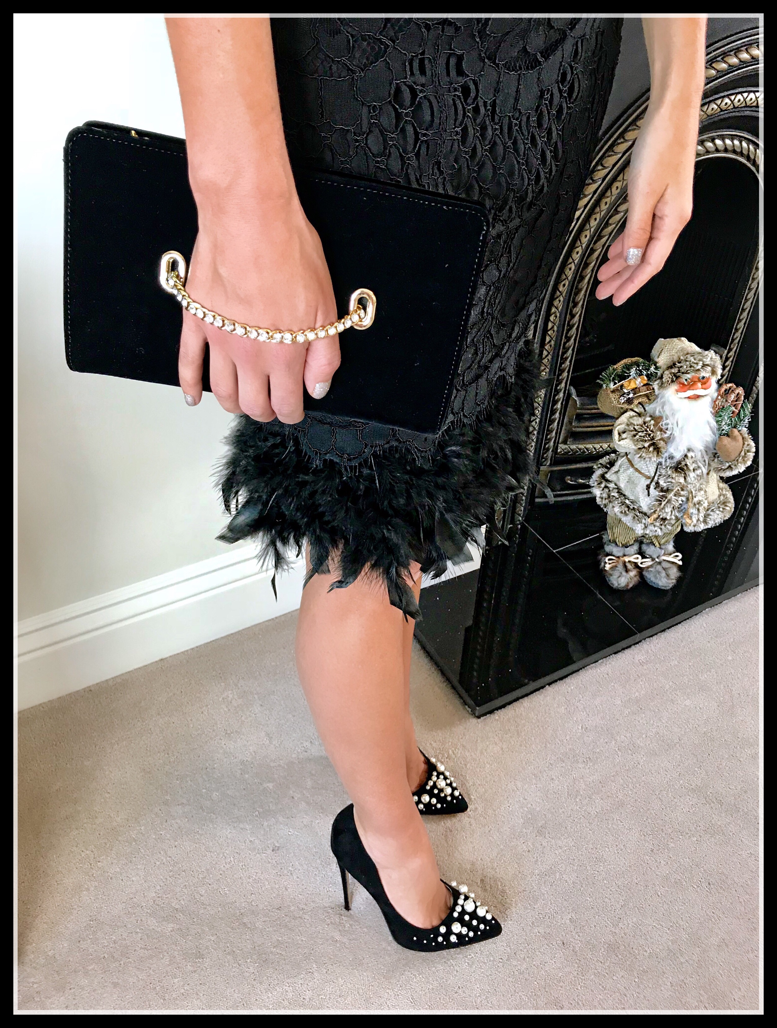 NYE inspiration | Lipsy VIP Feather Hem Lace Midi Dress | Public Desire Mayfair Pearl Detail Courts Heels | Coast Nadine Velvet Eyelet Bag