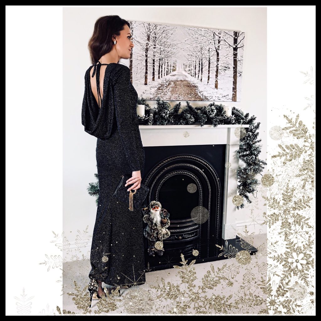 NYE Fashion Jessica Wright Helen Sparkle Cowl Back Maxi Dress | Next Sparkle Bag | Office Crystal Back Sandals