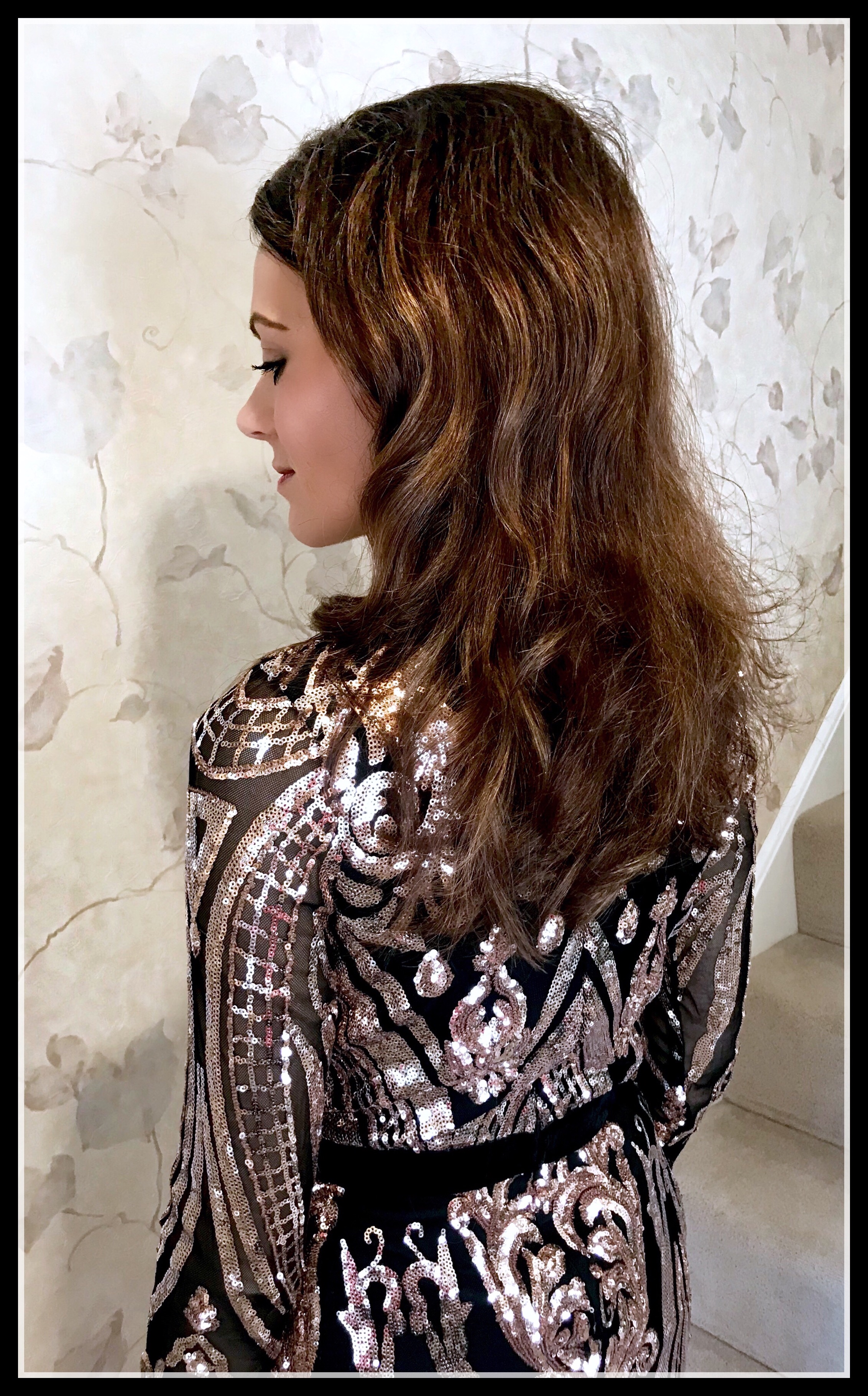 Stephanie Pratt – Deep V Neck Sequin Embroidered Maxi Dress – Champagne | Office Crystal Back Sandals | Coast Nadine Velvet Eyelet Bag | Swarovski earrings