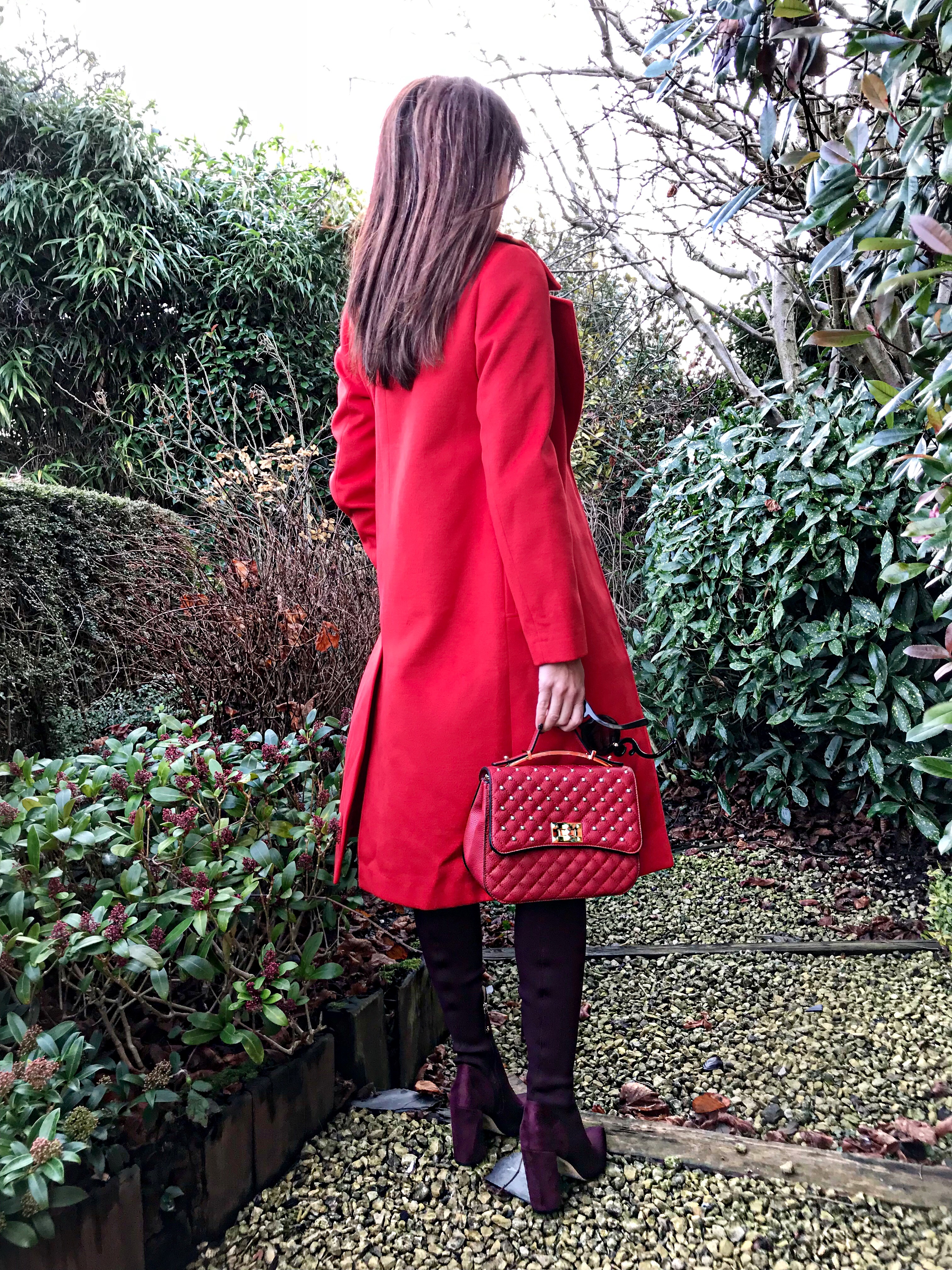 Miss Selfridge Smart Midi Coat | V by Very Quilt and Stud Satchel | River Island River Island Knitted Over The Knee Boots- Dark Red | Abercrombie & Fitch Burgundy Long Sleeve Knit Dress Shades of Valentine | Red long coat & Burgundy boots | Swarovski earrings | Baroque Prada sunglasses