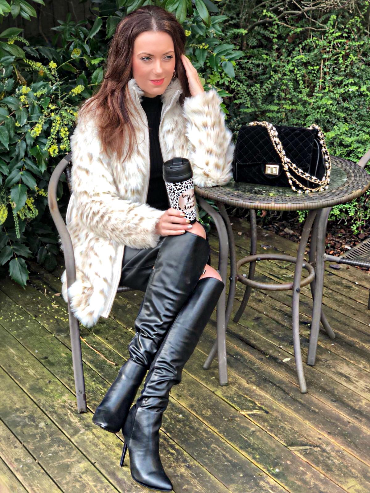 Marc B Quilted Velvet Cross Body | Lost Ink Panelled Knee High Boots | Lipsy Military Button Jumper | Lipsy Faux Fur Belted Coat | Swarovski earrings | Ted Baker gloves