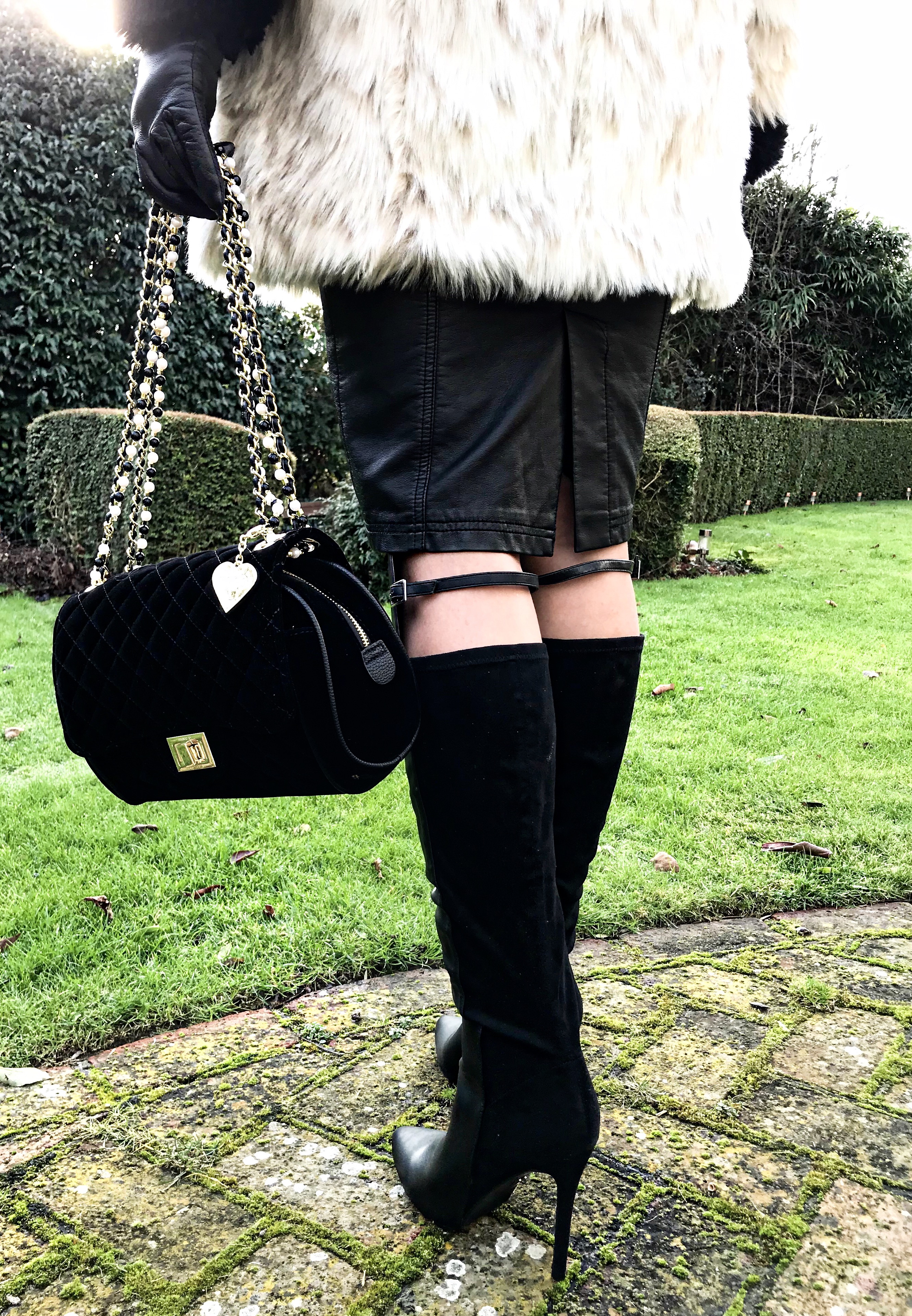 Marc B Quilted Velvet Cross Body | Lost Ink Panelled Knee High Boots | Lipsy Military Button Jumper | Lipsy Faux Fur Belted Coat | Swarovski earrings