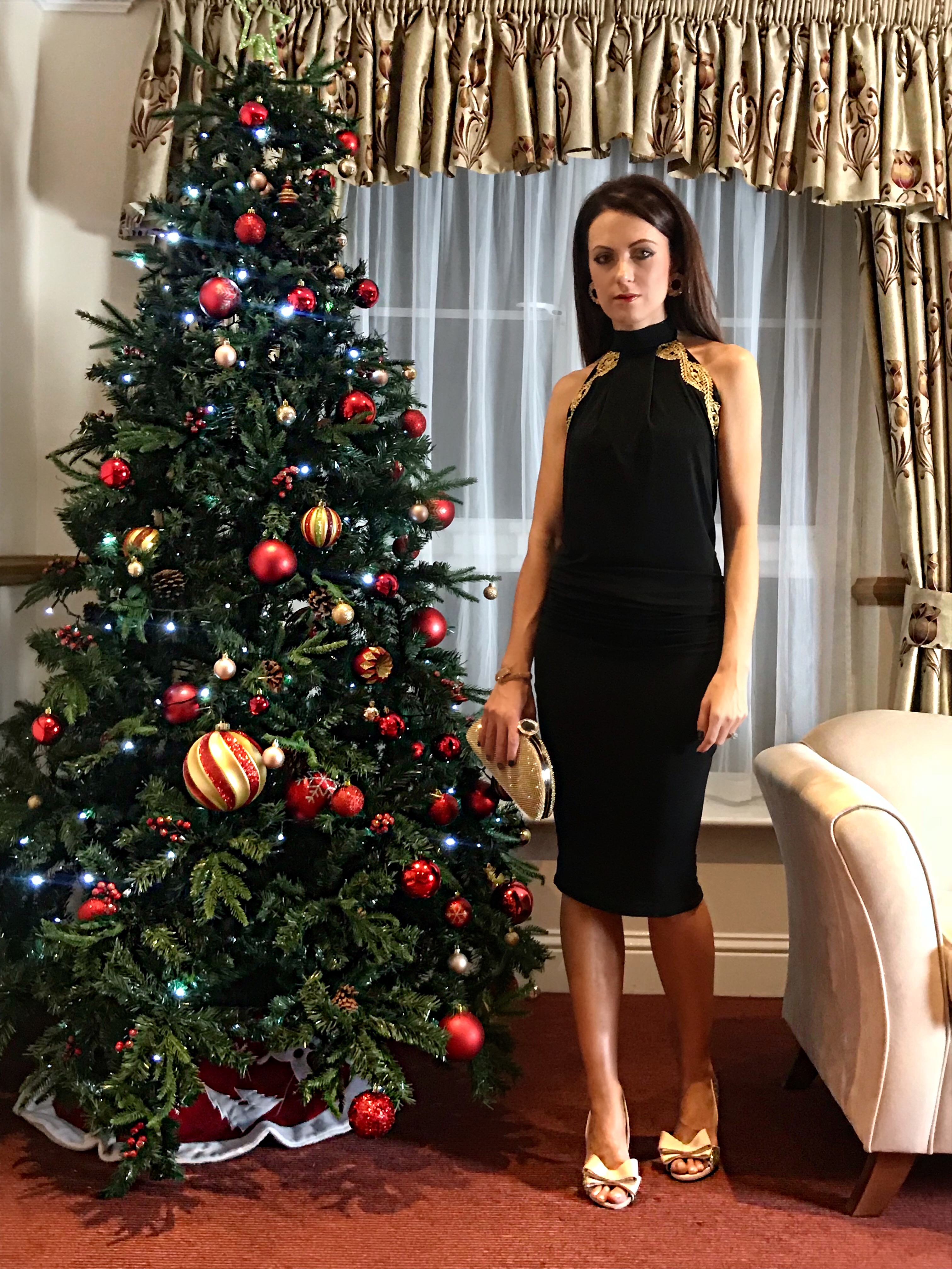Whittlebury Hall, SPA hotel Honor Gold Sasha Backless Midi Dress in Black | Miss KG Gabriella Glitter Heels