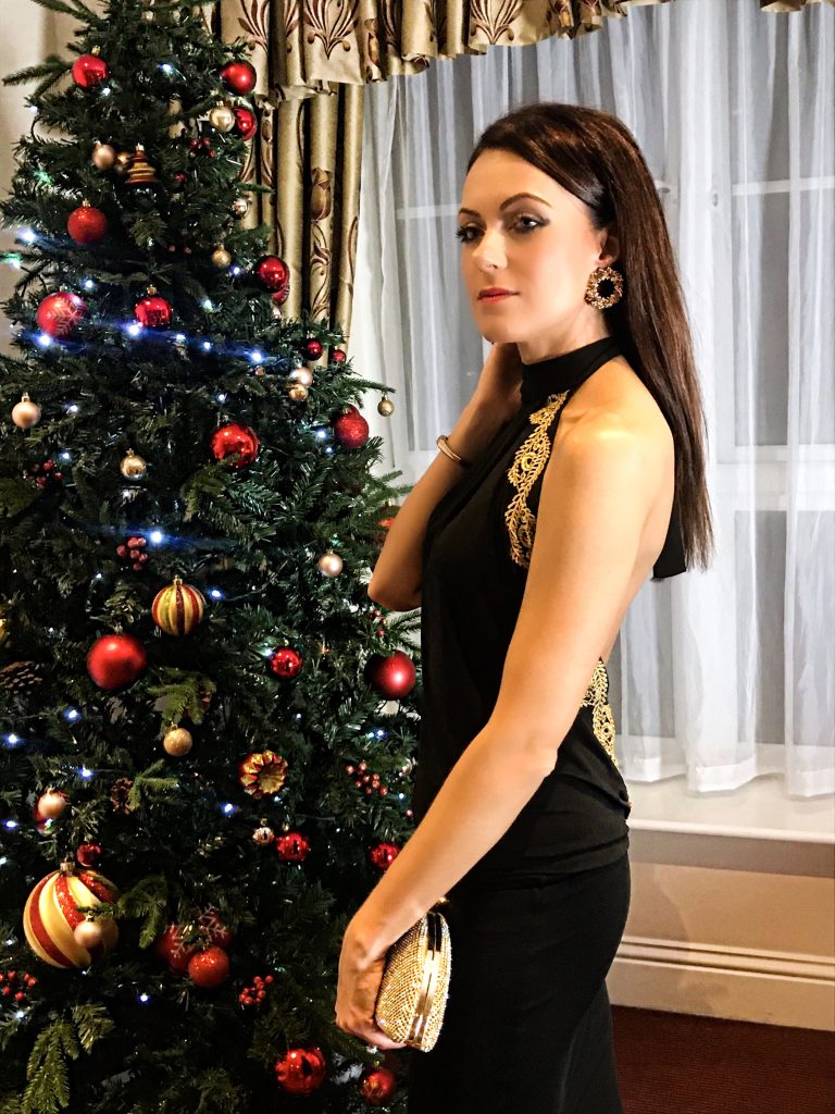 Whittlebury Hall, SPA hotel Honor Gold Sasha Backless Midi Dress in Black | Miss KG Gabriella Glitter Heels