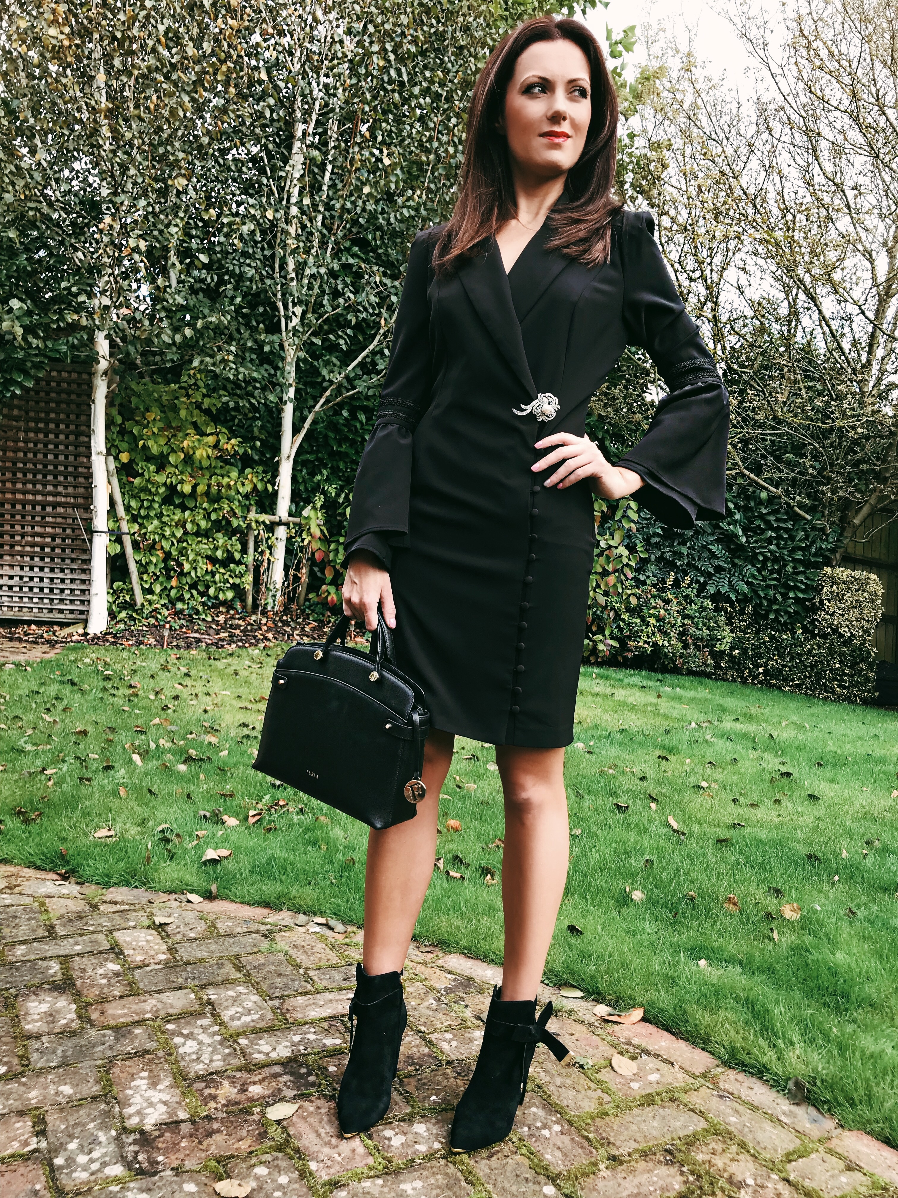 Ted Baker SAILLY Bow detail suede ankle boots | Office Over Knee Perspex Heel Boot | Michelle Keegan Button Side Tux Dress | Prada Baroque sunglasses | Accessorize necklace | Swarovski earrings | Furla handbag | Elegant Duchess Boutique brooch