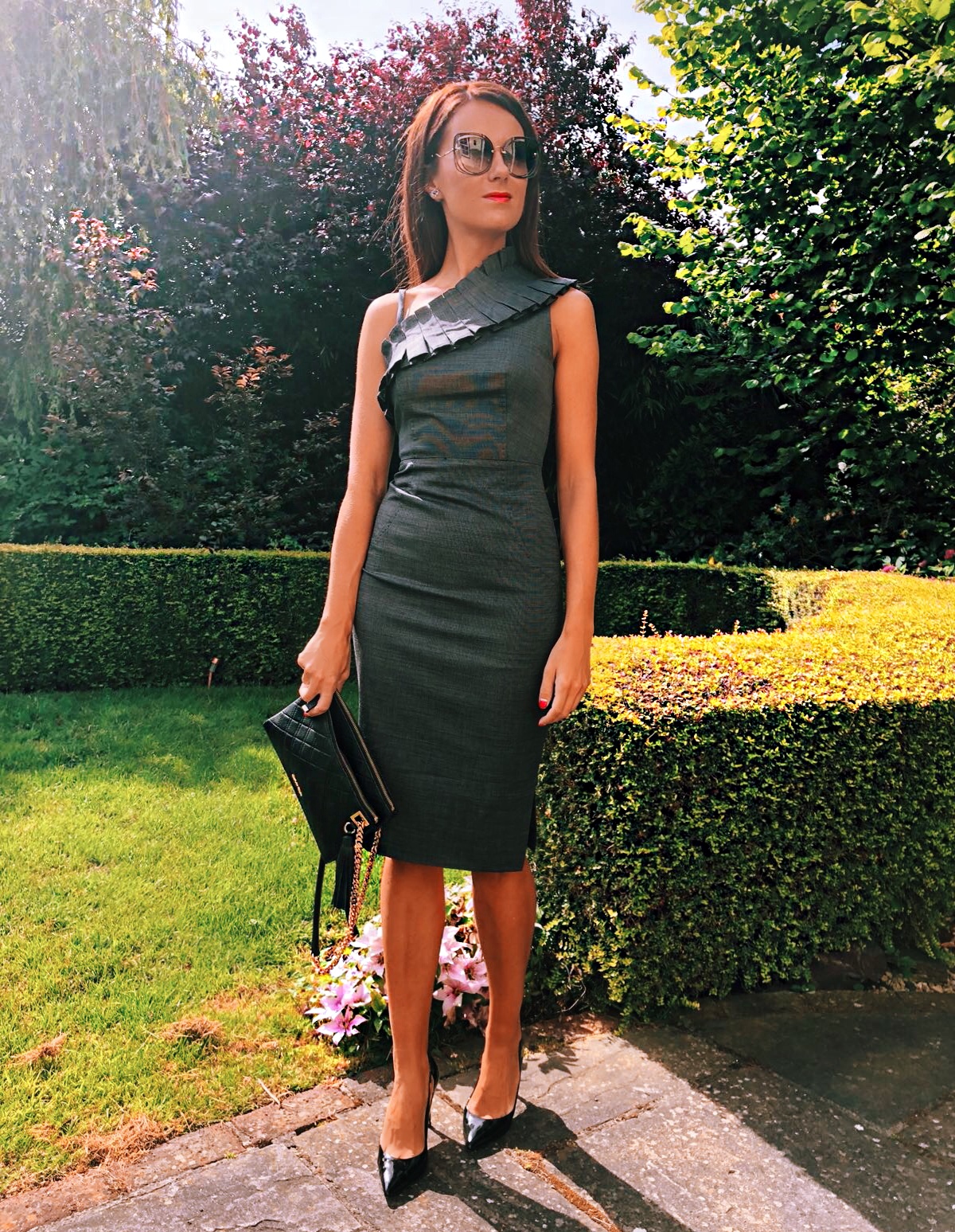 Ted Baker TREESAD Asymmetric ruffle detail dress | Ted Baker VYIXIN Pointed toe courts | Swarovski FANTASTIC PIERCED EARRINGS, GREY, RHODIUM PLATING | Miu Miu sunglasses