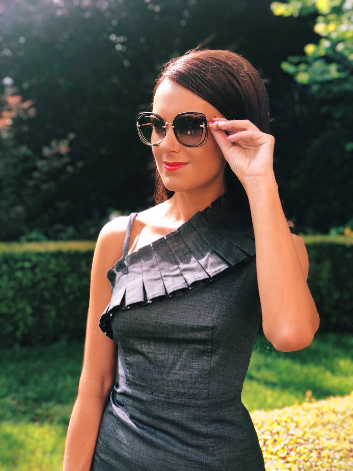 Ted Baker TREESAD Asymmetric ruffle detail dress | Ted Baker VYIXIN Pointed toe courts | Swarovski FANTASTIC PIERCED EARRINGS, GREY, RHODIUM PLATING | Miu Miu sunglasses