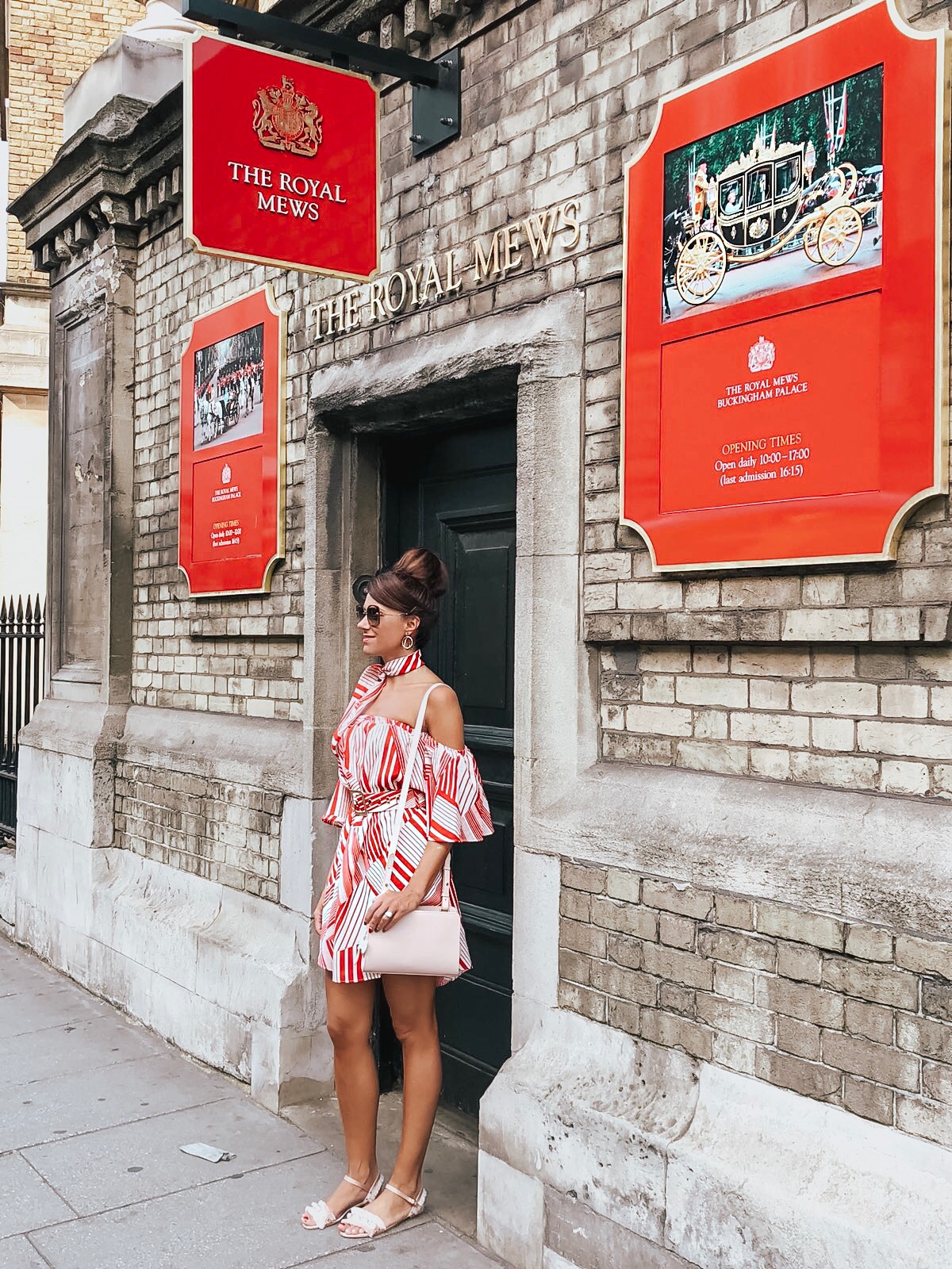 ELEGANT DUCHESS FASHION Swarovski Flash Pierced Earrings, White, Rose Gold Plating White Rose gold-plated | Forever Unique Red And White Off-Shoulder Dress | MIU MIU sunglasses | Glamorous pear embellished sandals | Radley Bag | London