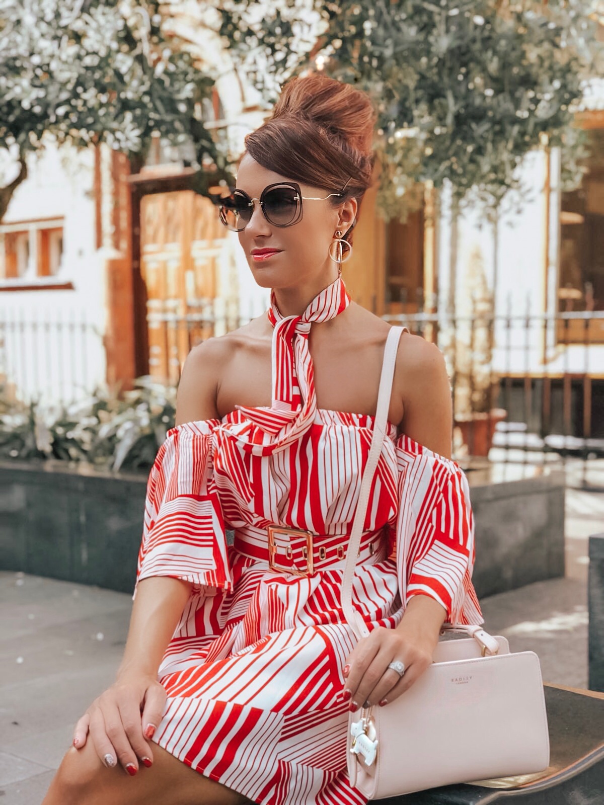 ELEGANT DUCHESS FASHION Swarovski Flash Pierced Earrings, White, Rose Gold Plating White Rose gold-plated | Forever Unique Red And White Off-Shoulder Dress | MIU MIU sunglasses | Glamorous pear embellished sandals | Radley Bag | London