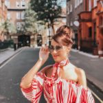 ELEGANT DUCHESS FASHION Swarovski Flash Pierced Earrings, White, Rose Gold Plating White Rose gold-plated | Forever Unique Red And White Off-Shoulder Dress | MIU MIU sunglasses | Glamorous pearl embellished sandals | Radley Bag | London