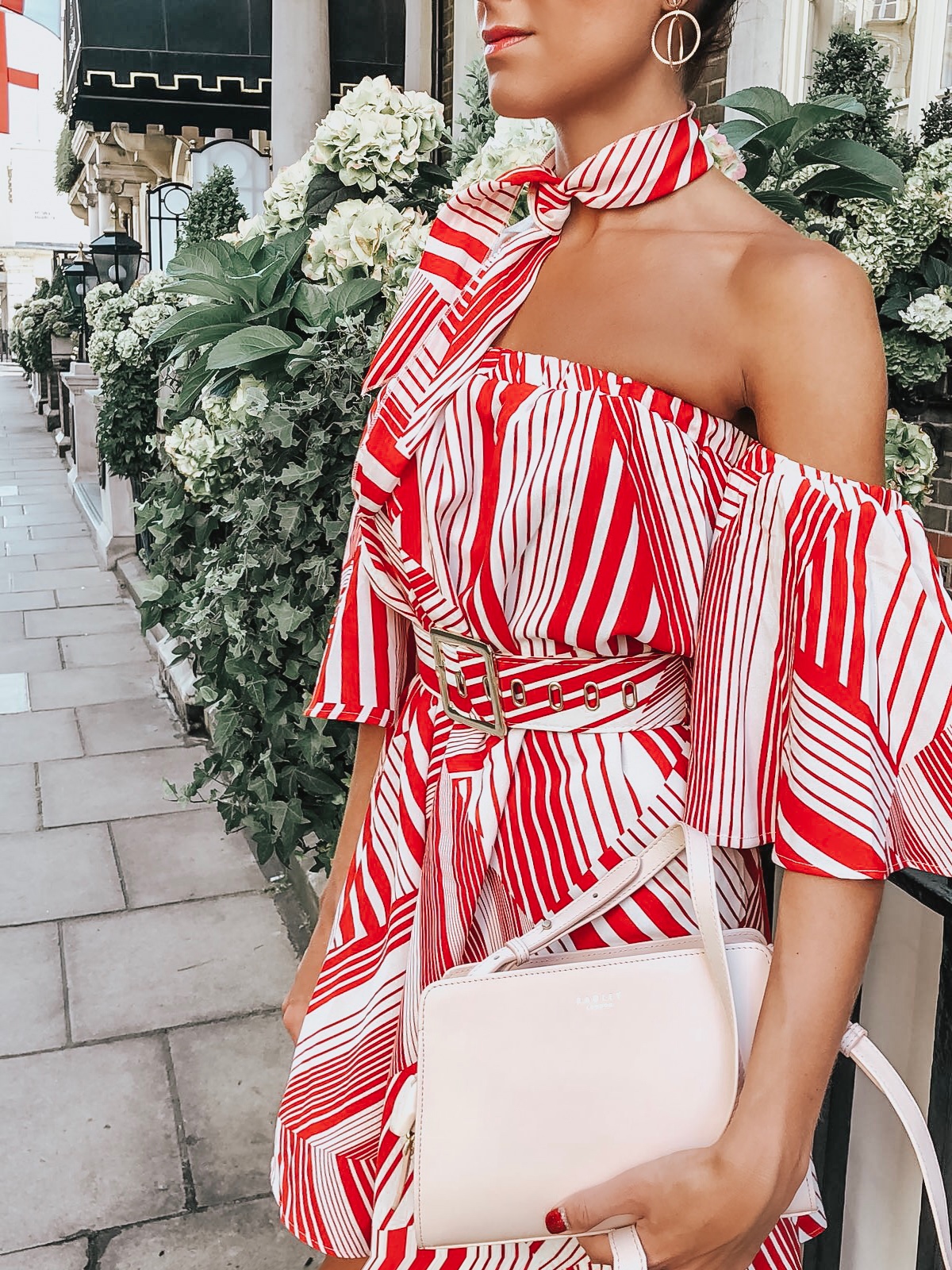 ELEGANT DUCHESS FASHION Swarovski Flash Pierced Earrings, White, Rose Gold Plating White Rose gold-plated | Forever Unique Red And White Off-Shoulder Dress | MIU MIU sunglasses | Glamorous pear embellished sandals | Radley Bag | London