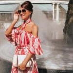 ELEGANT DUCHESS FASHION Swarovski Flash Pierced Earrings, White, Rose Gold Plating White Rose gold-plated | Forever Unique Red And White Off-Shoulder Dress | MIU MIU sunglasses | Glamorous pearl embellished sandals | Radley Bag | London