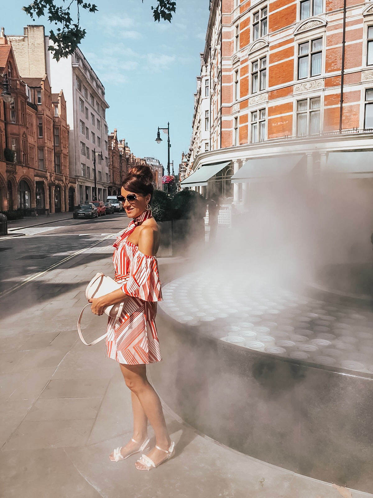 ELEGANT DUCHESS FASHION Swarovski Flash Pierced Earrings, White, Rose Gold Plating White Rose gold-plated | Forever Unique Red And White Off-Shoulder Dress | MIU MIU sunglasses | Glamorous pear embellished sandals | Radley Bag | London