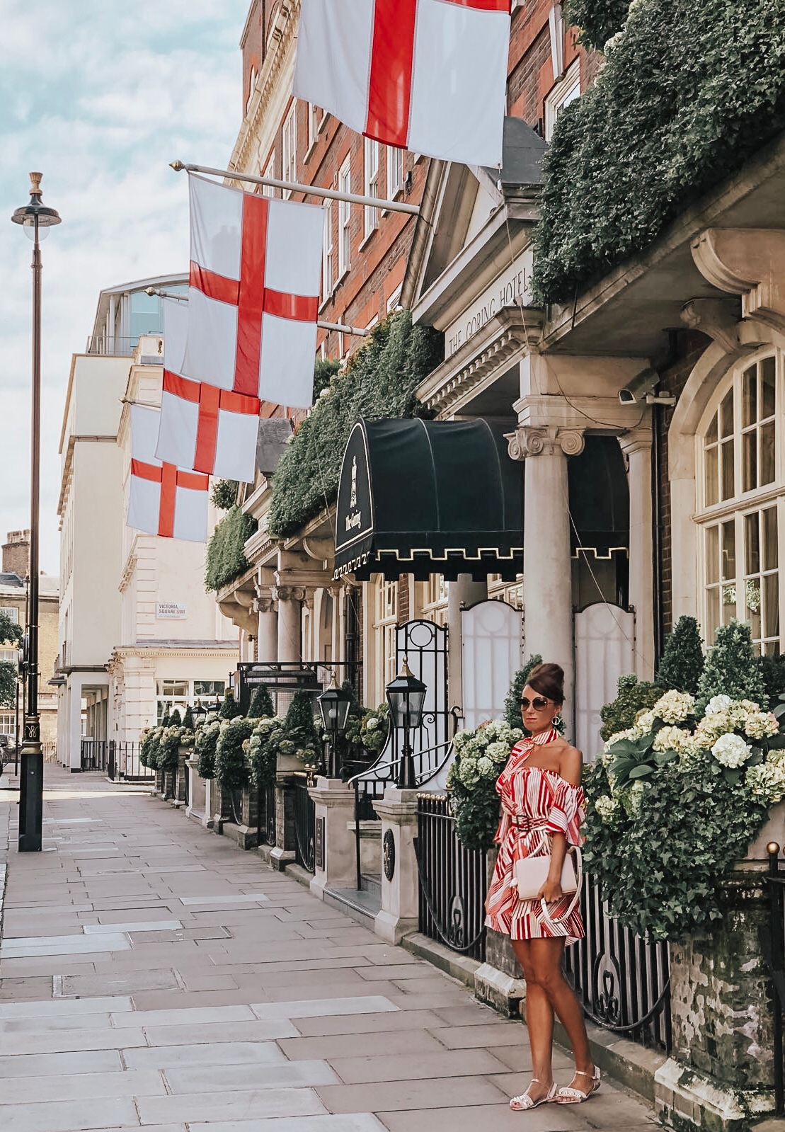 ELEGANT DUCHESS FASHION Swarovski Flash Pierced Earrings, White, Rose Gold Plating White Rose gold-plated | Forever Unique Red And White Off-Shoulder Dress | MIU MIU sunglasses | Glamorous pear embellished sandals | Radley Bag | London 