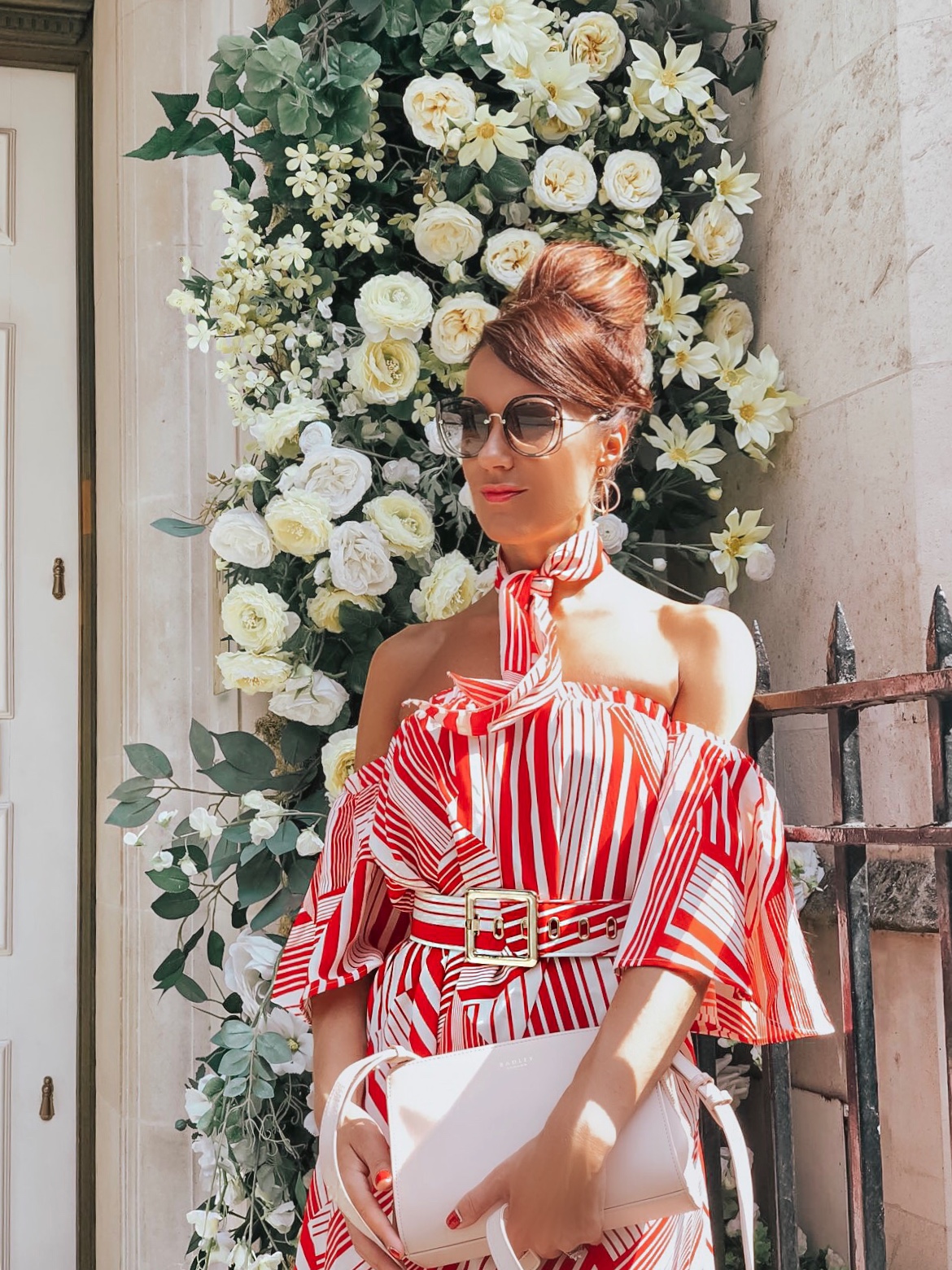 ELEGANT DUCHESS FASHION Swarovski Flash Pierced Earrings, White, Rose Gold Plating White Rose gold-plated | Forever Unique Red And White Off-Shoulder Dress | MIU MIU sunglasses | Glamorous pear embellished sandals | Radley Bag | London