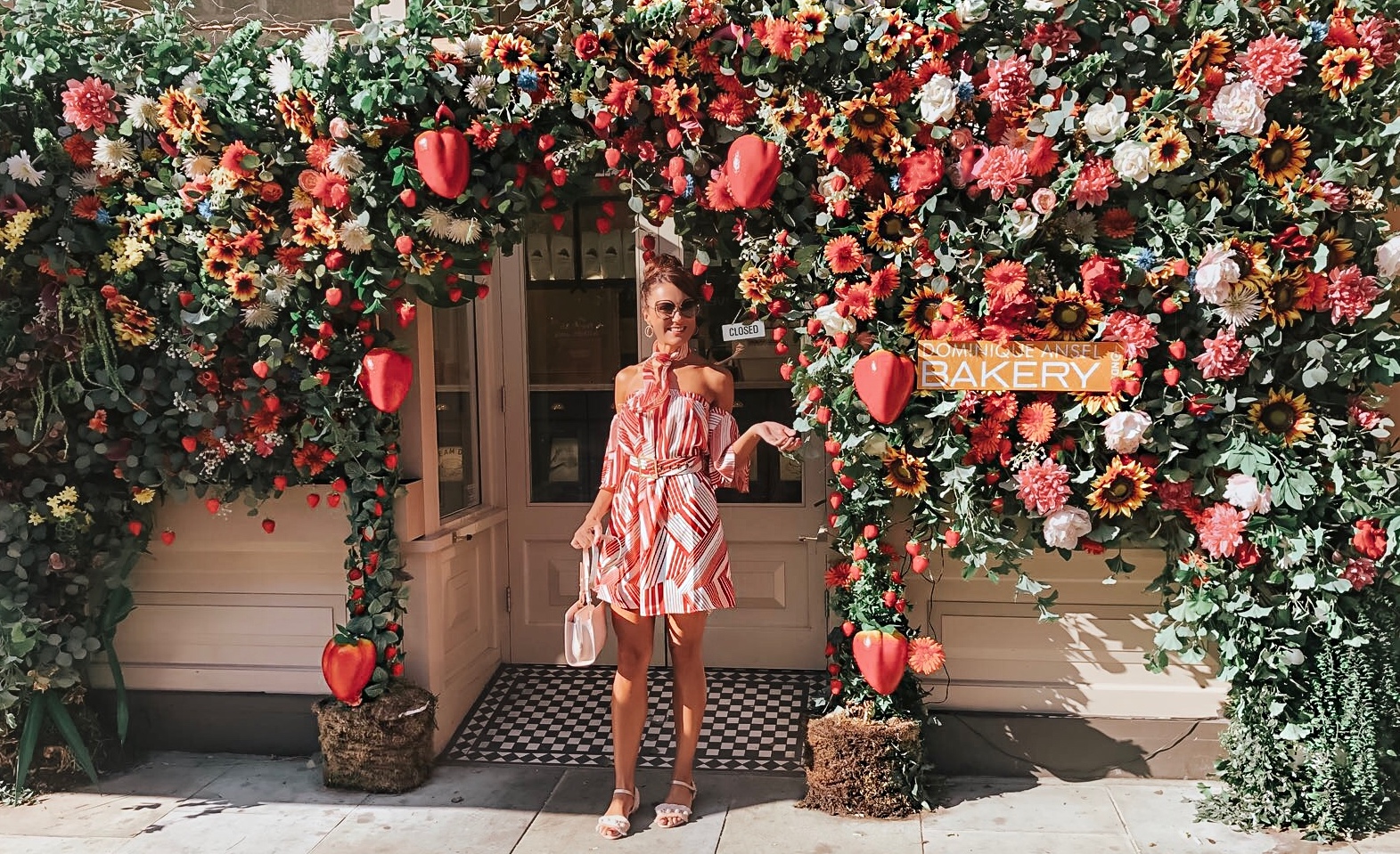 ELEGANT DUCHESS FASHION Swarovski Flash Pierced Earrings, White, Rose Gold Plating White Rose gold-plated | Forever Unique Red And White Off-Shoulder Dress | MIU MIU sunglasses | Glamorous pear embellished sandals | Radley Bag | Peggy Porschen London