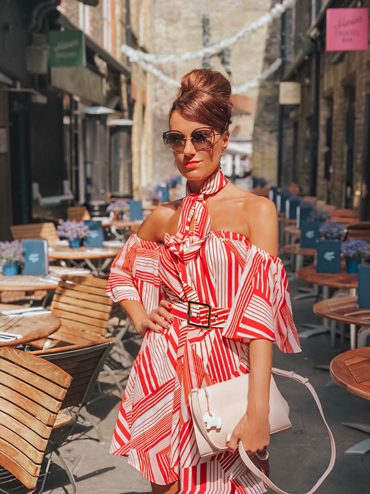 ELEGANT DUCHESS FASHION Swarovski Flash Pierced Earrings, White, Rose Gold Plating White Rose gold-plated | Forever Unique Red And White Off-Shoulder Dress | MIU MIU sunglasses | Glamorous pear embellished sandals | Radley Bag | Mews of London