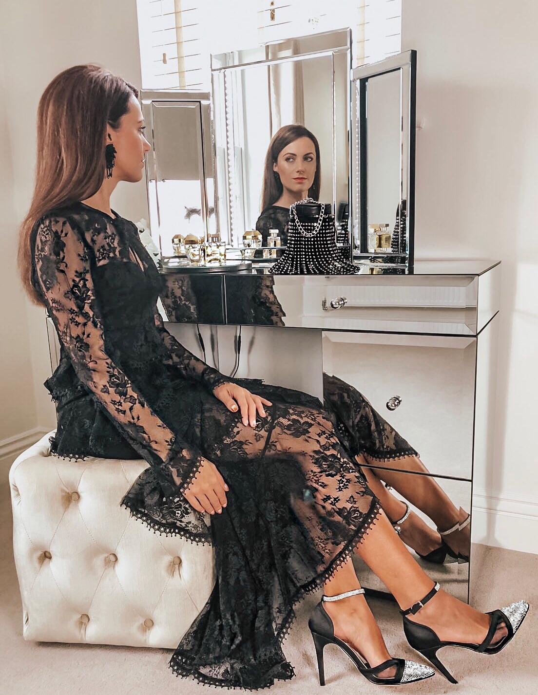 Elegant Duchess Fashion V by Very Frill All Over Lace Maxi Dress - Black | ASOS DESIGN gem tassel cylinder clutch | Quiz Diamanté Court Shoes