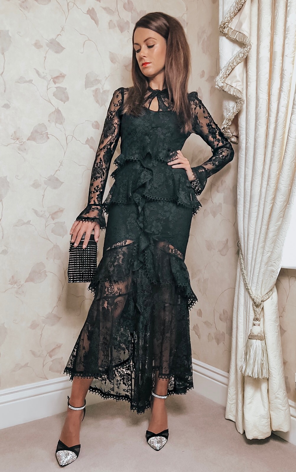 All Over Lace Maxi Dress - Black | ASOS DESIGN gem tassel cylinder clutch | Quiz Diamanté Court Shoes