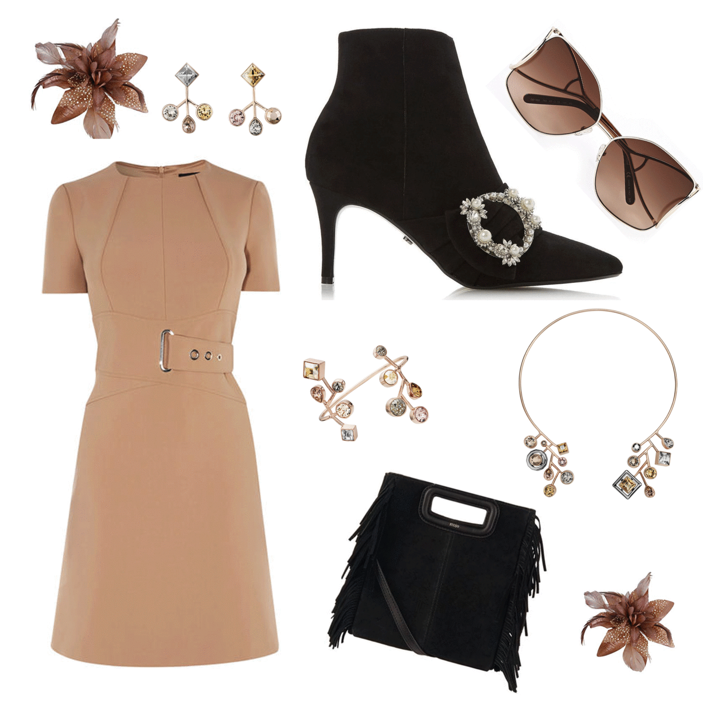 Karen Millen A-Line Wrap Dress | Dune Osborn Pearl Buckle Ankle Boot | Maje Suede Fringed Bag | Swarovski PETER PILOTTO ARBOL PIERCED EARRINGS | Swarovski PETER PILOTTO ARBOL CHOKER | Swarovski PETER PILOTTO ARBOL CUFF | CHLOÉ Sunglasses Jackson Squared Frame Sunglasses