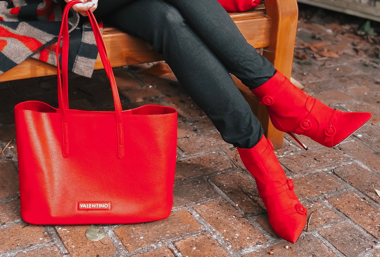 Lavish Alice cape overlay wool coat in abstract print | Faith Buckle Detail Stiletto Boots | Miu Miu Sunglasses | Valentino Red Tote Daybags | Swarovski FANTASTIC CHAIN PIERCED EARRINGS, WHITE | Faith Buckle Detail Stiletto Boot | Replay Luz Mid Rise Rinse Jeans with Contrast Stitch