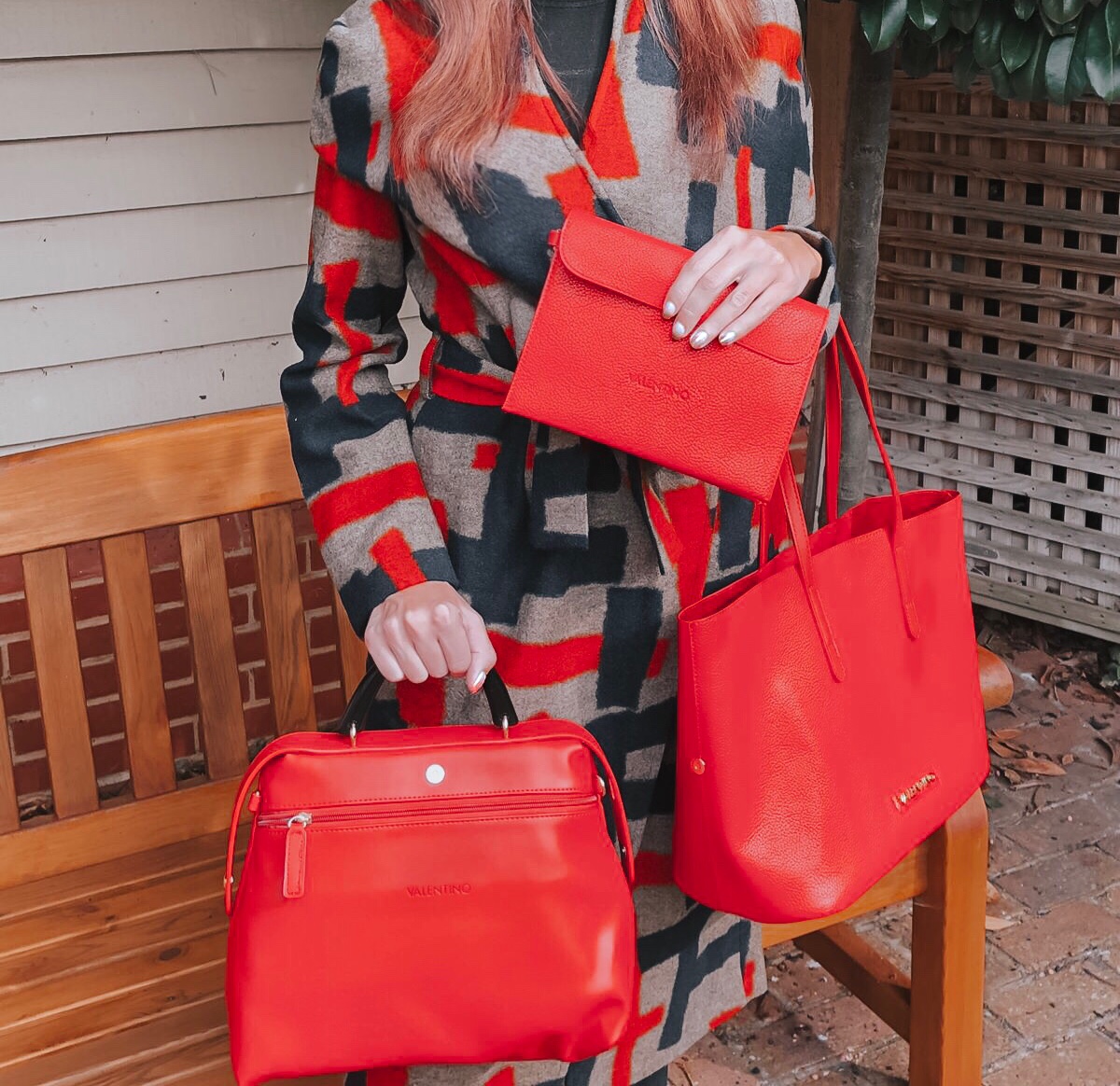 Lavish Alice cape overlay wool coat in abstract print | Faith Buckle Detail Stiletto Boots | Miu Miu Sunglasses | Valentino Red Tote Daybags | Swarovski FANTASTIC CHAIN PIERCED EARRINGS, WHITE | Faith Buckle Detail Stiletto Boot | Replay Luz Mid Rise Rinse Jeans with Contrast Stitch