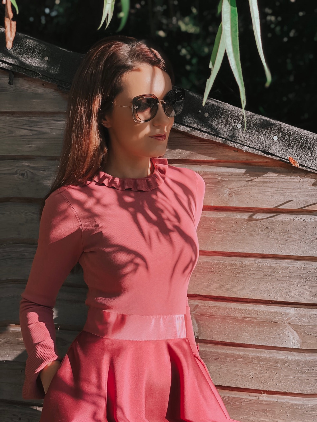 Elegant Duchess Fashion Ted Baker Pink Zadi Skater Dress | Kurt Geiger London Barbican-Wine-(Fabric) Knit Ankle Boot | Miu Miu Sunglasses | Swarovski earrings | Accessorize clutch bag