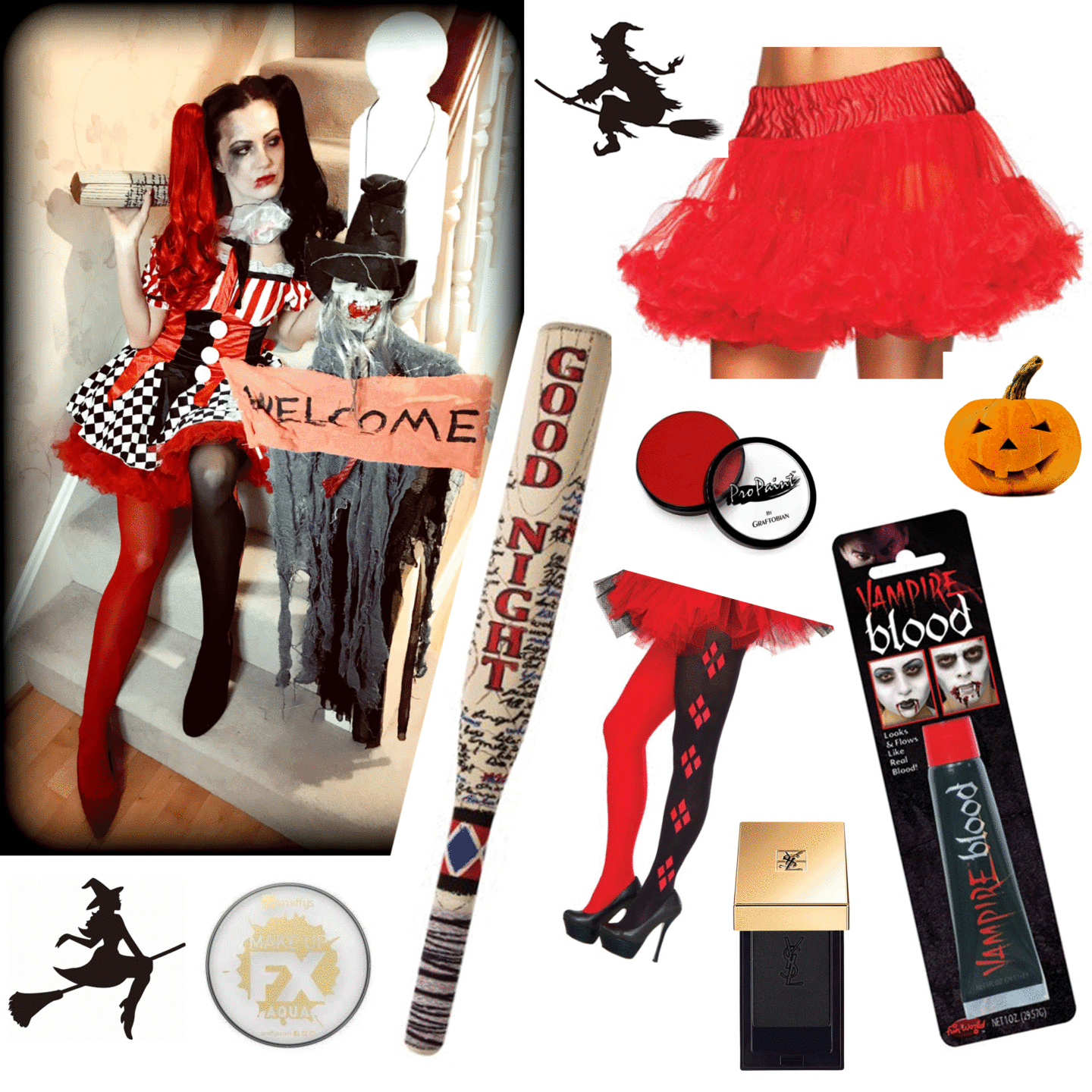 HALLOWEEN HARLEQUIN CLOWN COSTUME | Yves Saint Laurent Couture Mono Eyeshadow, 10 Khol | RED TULLE PETTICOAT | DC WOMEN'S HARLEY QUINN TIGHTS | THEATRICAL BLOOD | Harley Quinn Inflatable Bat | DELUXE RED MAKEUP | Snazaroo White Face Paint