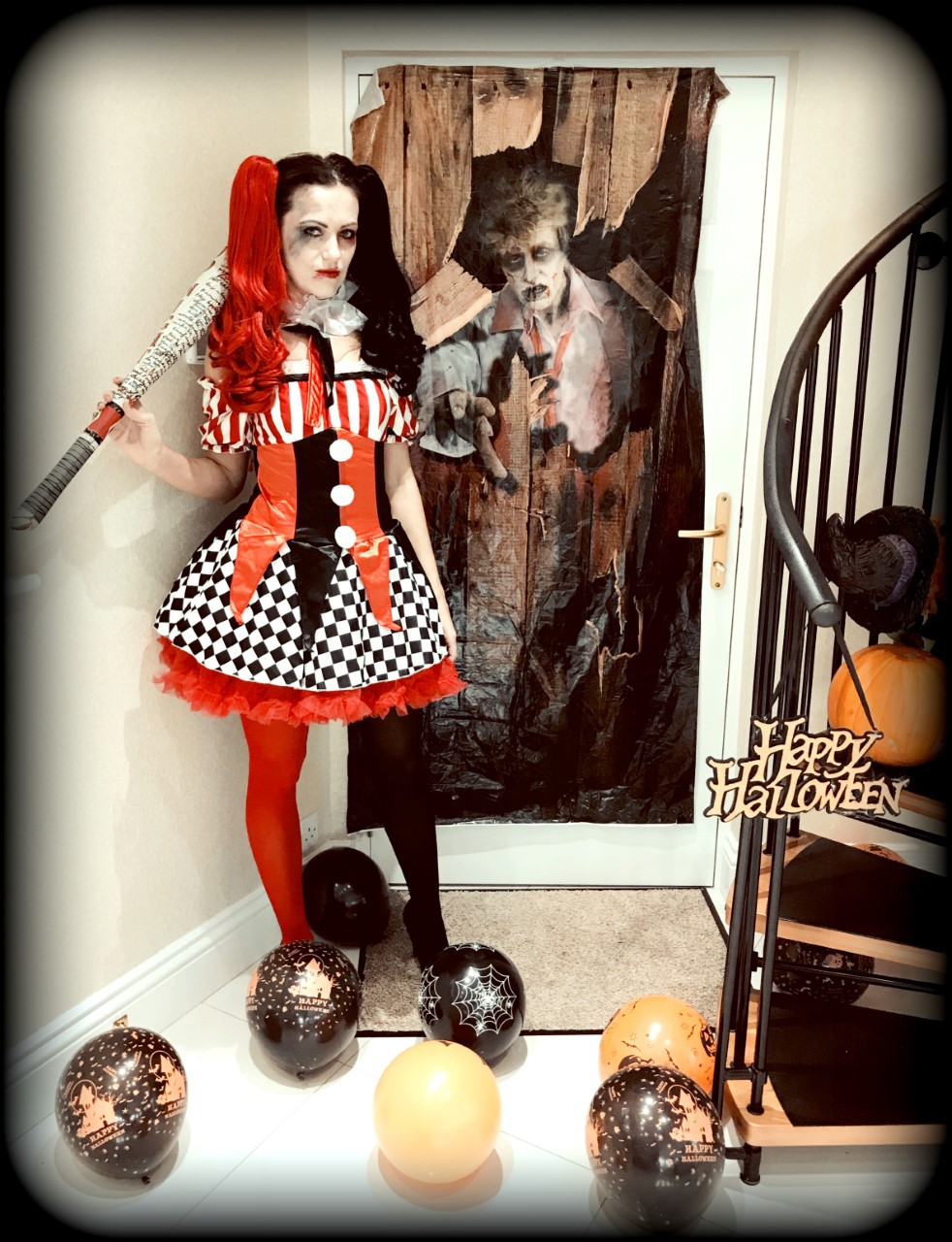 HALLOWEEN HARLEQUIN CLOWN COSTUME | Yves Saint Laurent Couture Mono Eyeshadow, 10 Khol | RED TULLE PETTICOAT | DC WOMEN'S HARLEY QUINN TIGHTS | THEATRICAL BLOOD | Harley Quinn Inflatable Bat | DELUXE RED MAKEUP | Snazaroo White Face Paint 