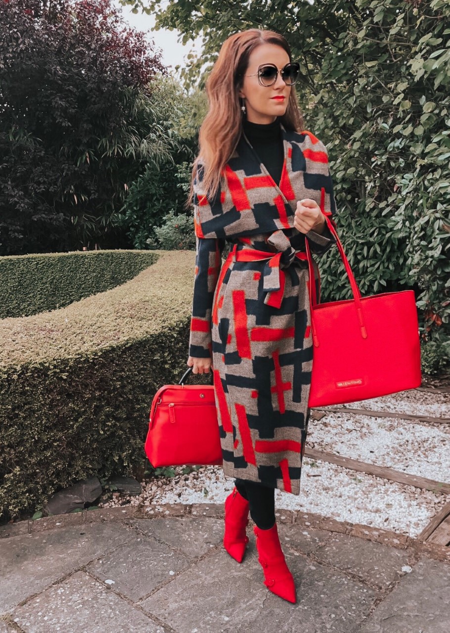 Lavish Alice cape overlay wool coat in abstract print | Faith Buckle Detail Stiletto Boots | Miu Miu Sunglasses | Valentino Red Tote Daybags | Swarovski FANTASTIC CHAIN PIERCED EARRINGS, WHITE | Faith Buckle Detail Stiletto Boot | Replay Luz Mid Rise Rinse Jeans with Contrast Stitch