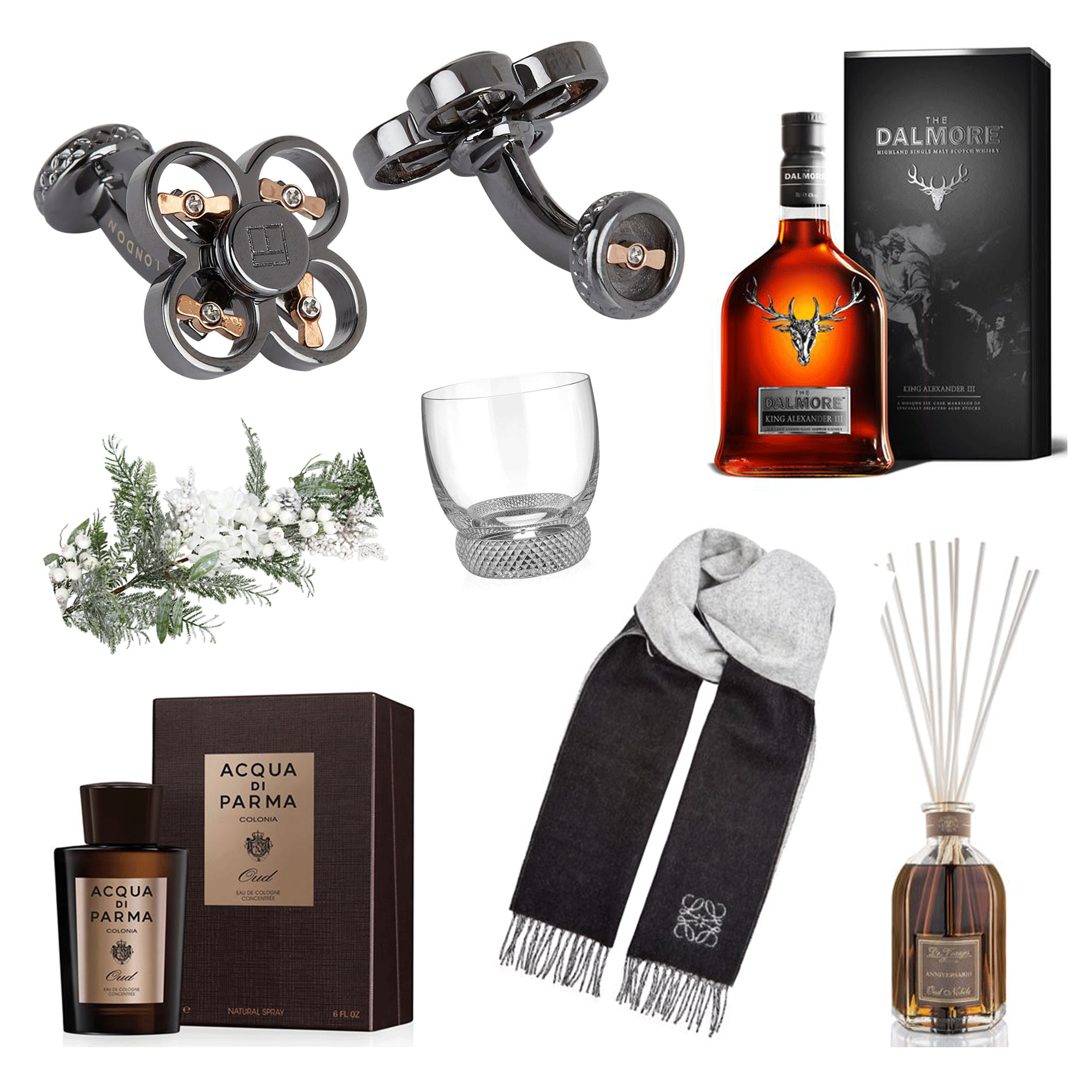 Acqua di Parma Colonia Oud Eau de Cologne Concentrée Loewe Wool Anagram Scarf Tateossian Miniature Drone Cufflinks Villeroy & Boch Octavie Old-Fashioned Tumbler The Dalmore King Alexander III Dr. Vranjes Firenze Oud Nobile Diffuser