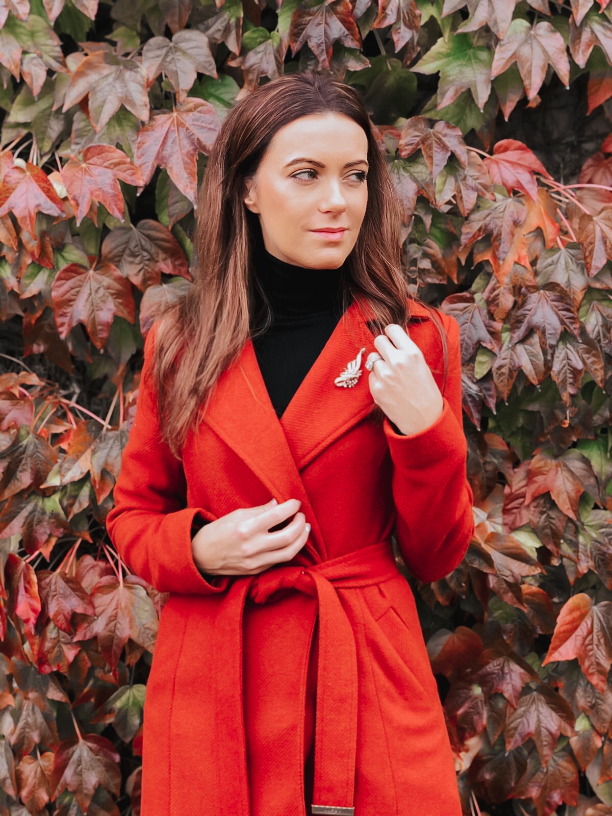 Lipsy Rust Wrap Coat | Elegant Duchess Boutique Brooch