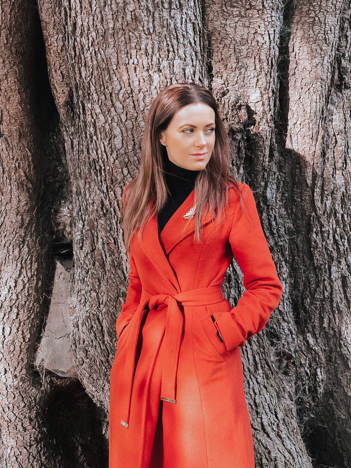 Lipsy Rust Wrap Coat | Elegant Duchess Boutique Brooch