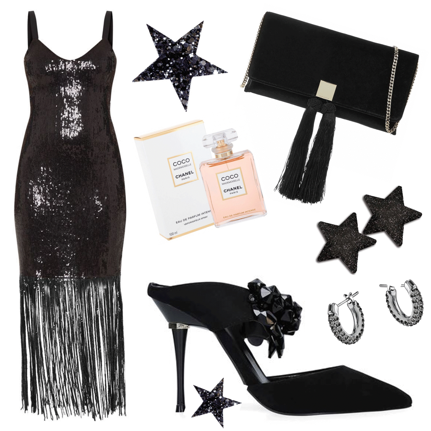 PrettyLittle Thing Sequin Tassel Hem Midi Slip Dress Carvela Gallileo Crystal Mules Swarovski Stone Pierced Earrings Ted Baker Karly Tassel Clutch Bag Chanel Coco Mademoiselle