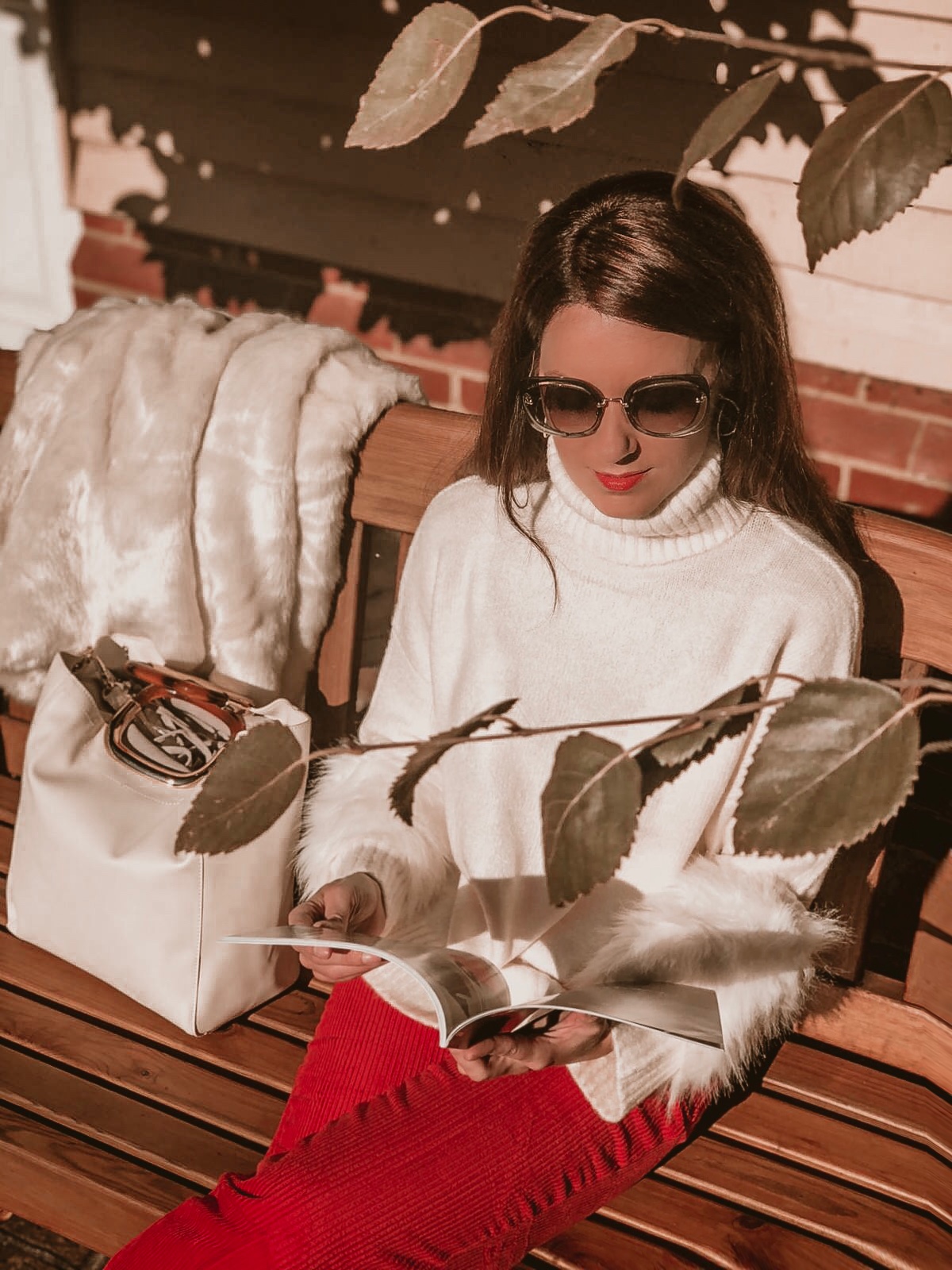 ASOS DESIGN slim kickflare trousers in Cord | Fashion Union Petite High Neck Jumper With Faux Fur Cuffs | Miu Miu sunglasses | Faith Handle Grab Bag | Faith Ankle Boot | Glamorous Faux Fur Coat