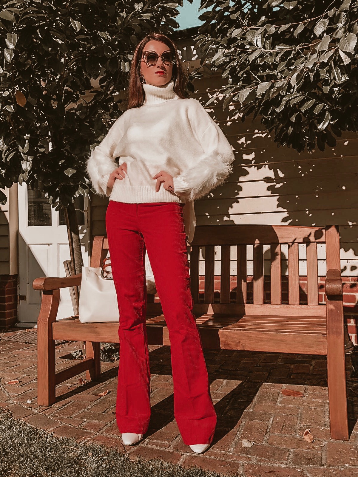 ASOS DESIGN slim kickflare trousers in Cord | Fashion Union Petite High Neck Jumper With Faux Fur Cuffs | Miu Miu sunglasses | Faith Handle Grab Bag | Faith Ankle Boot | Glamorous Faux Fur Coat