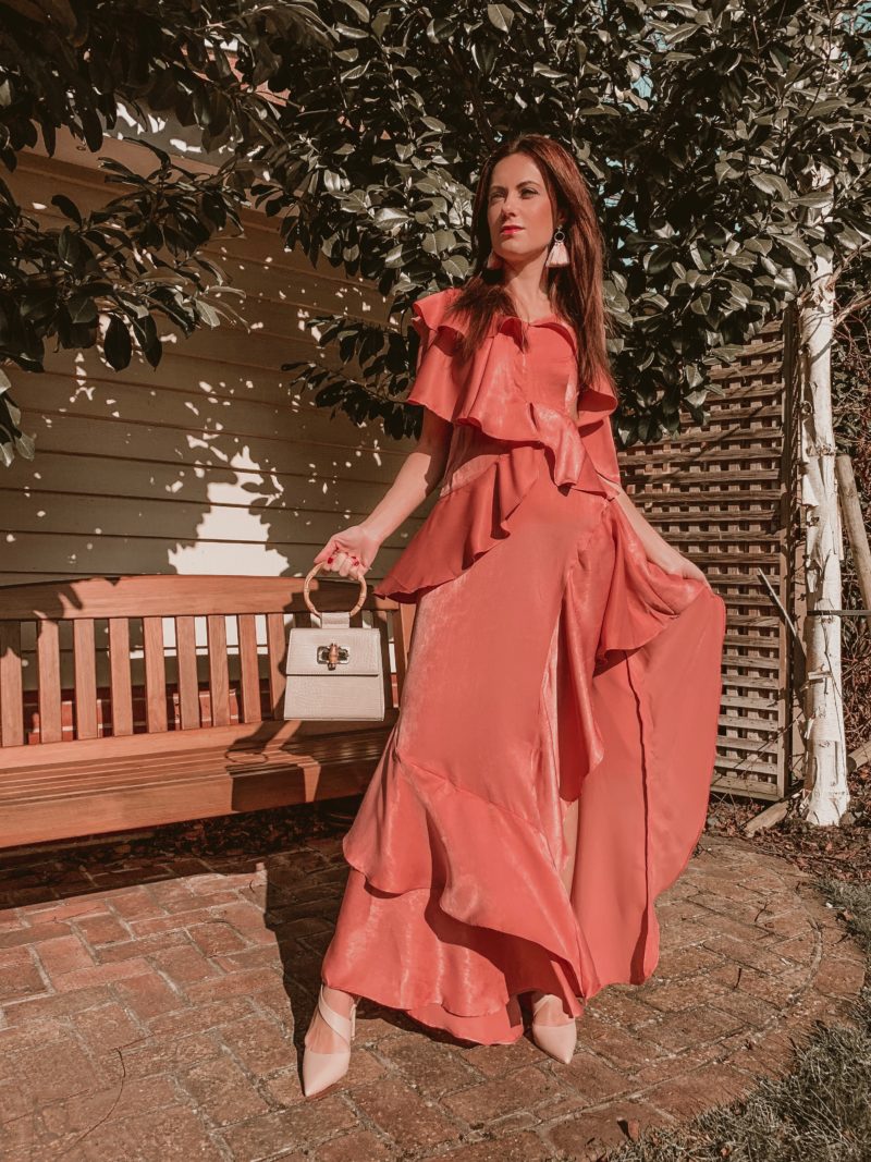 ASOS DESIGN floaty satin ruffle maxi dress | Miu Miu sunglasses | Liars &amp; Lovers cream mock croc bamboo handle cross body bag | Carvela Pointed Asymmetric Strap Heels