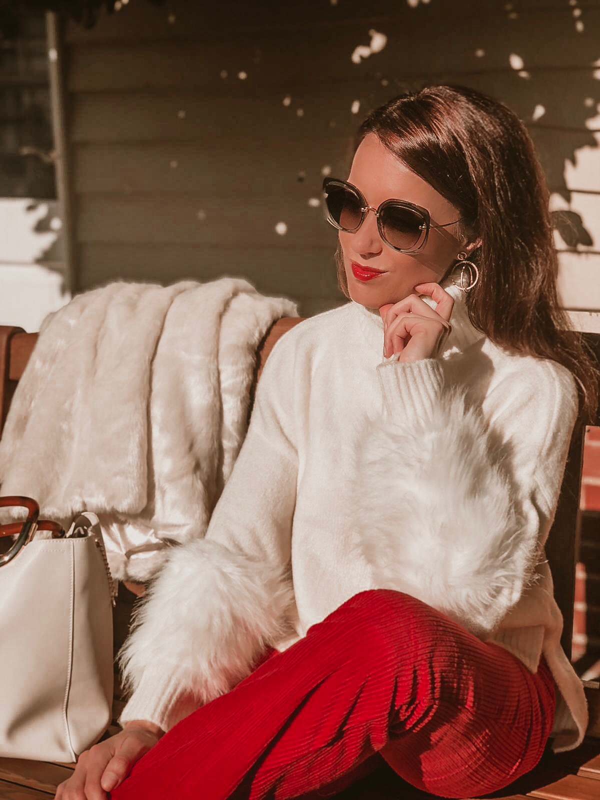 ASOS DESIGN slim kickflare trousers in Cord | Fashion Union Petite High Neck Jumper With Faux Fur Cuffs | Miu Miu sunglasses | Faith Handle Grab Bag | Faith Ankle Boot | Glamorous Faux Fur Coat