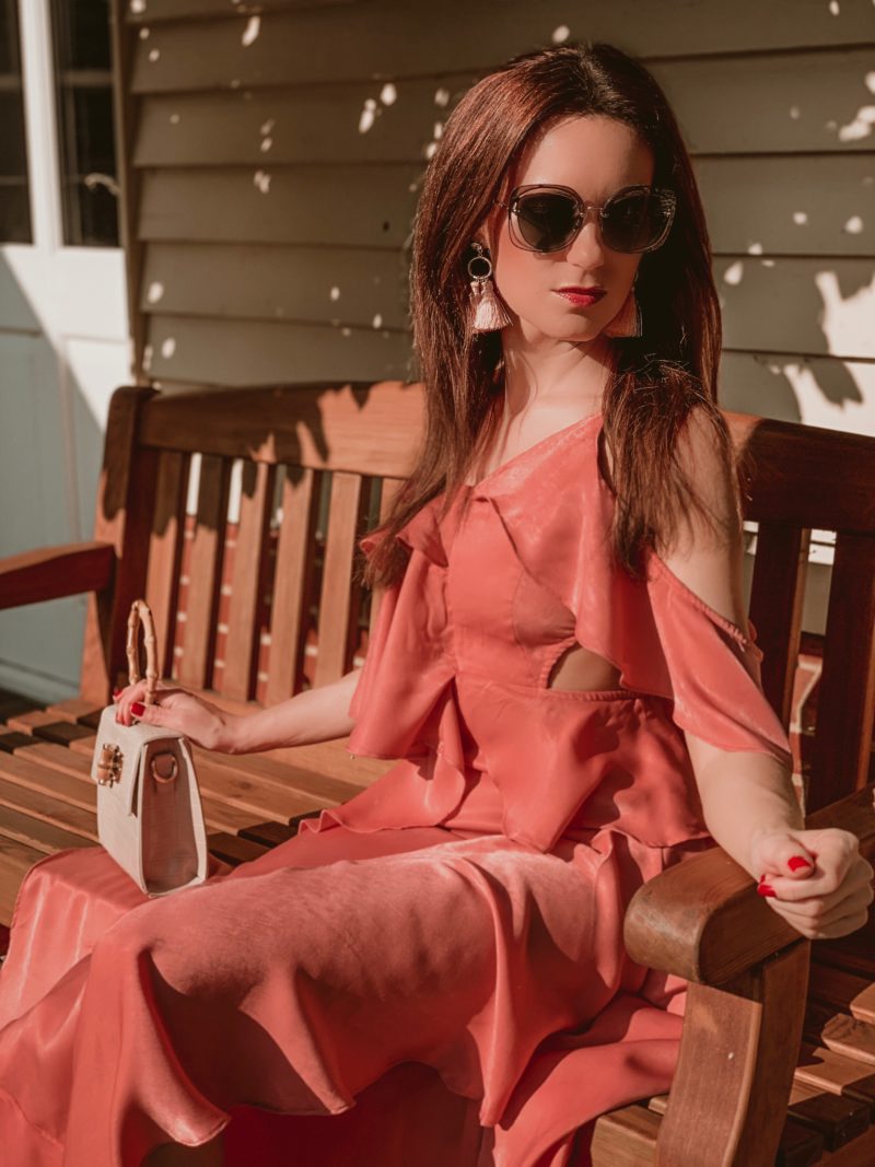 ASOS DESIGN floaty satin ruffle maxi dress | Miu Miu sunglasses | Liars &amp; Lovers cream mock croc bamboo handle cross body bag
