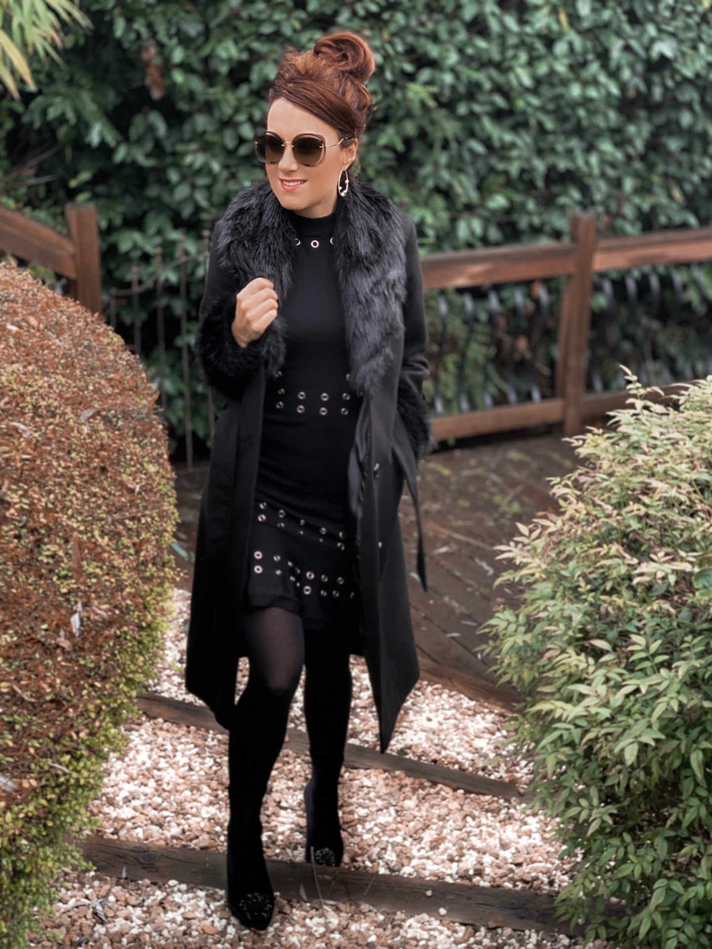 Warhouse Faux Fur Detail Belted Coat | V by Very Peplum Hem Eyelet Detail Knitted Dress | TED BAKER Elzbetv pom pom sock boots | Swarovski earrings | Miu Miu Sunglasses